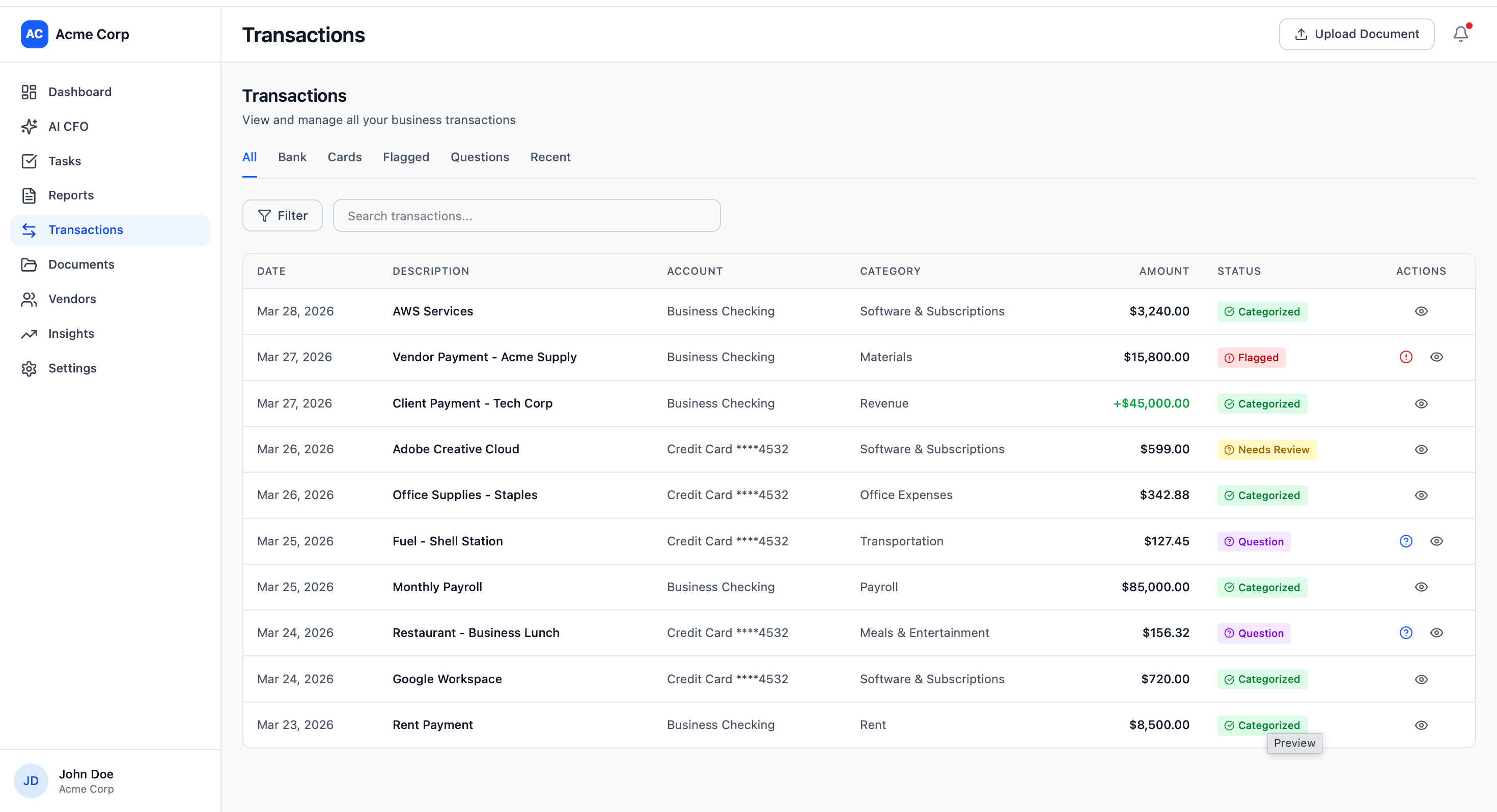 Transactions table with status and categories