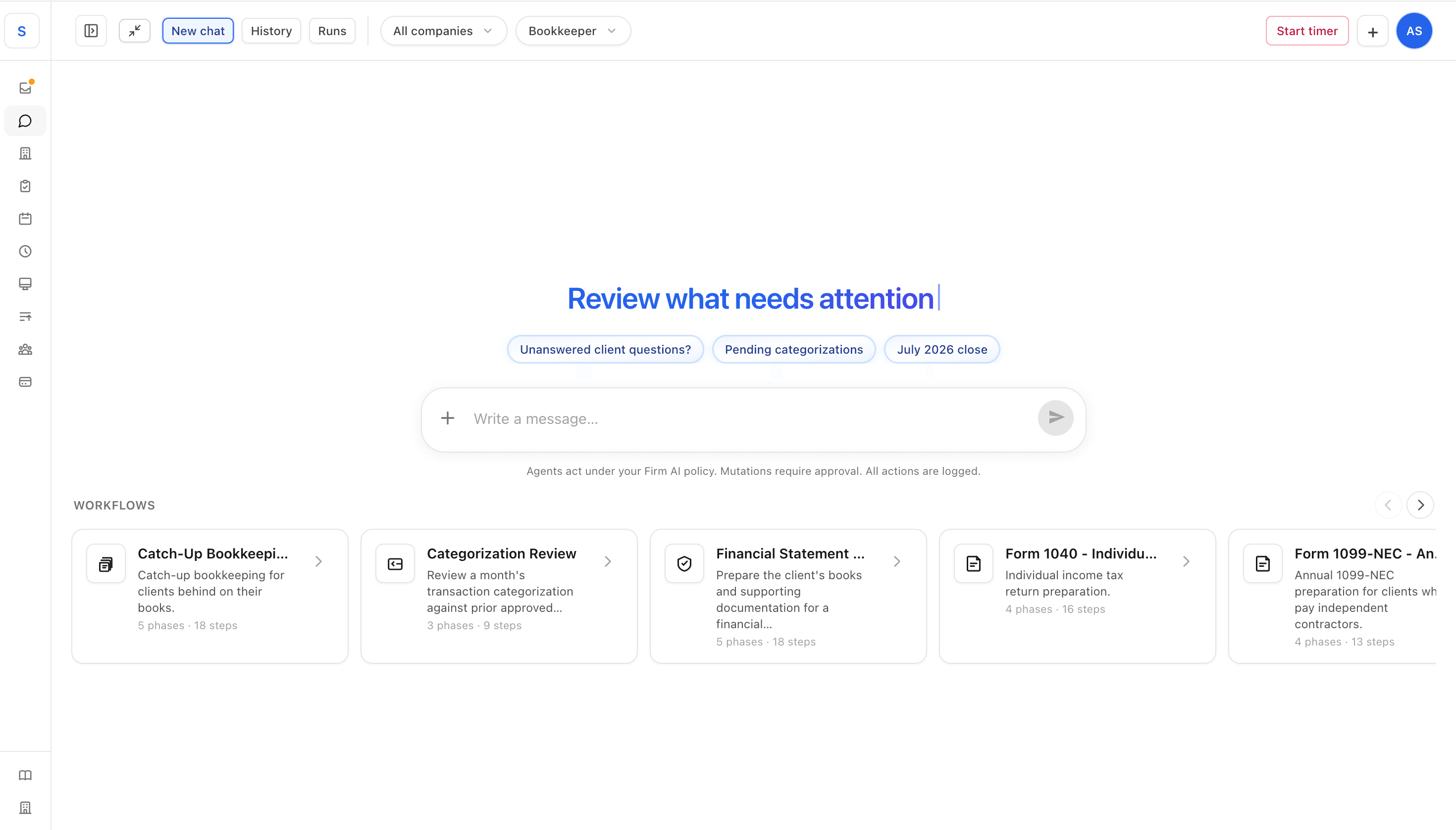 Ask across one company or the entire client base — every agent action logged.