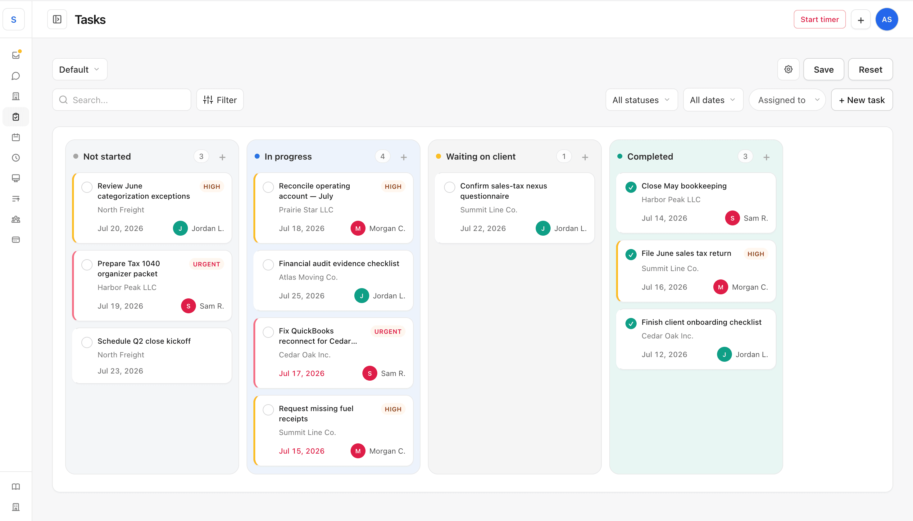 Kanban across clients — priority, due dates, and assignees for people and agents.